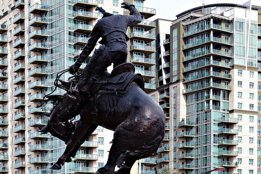 monument, rider, horse, metal, calgary, stampede, canada, building, architecture, representation