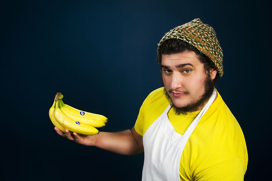 banana, portrait, yellow, fruit, health, diet, men, adult, people, caucasian Ethnicity