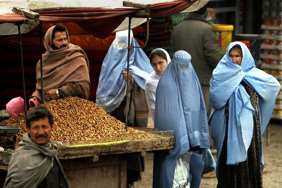 Afganistán, Mujeres, Hombre, Mercado, Bienes, urbano, pueblo, naturaleza, exterior, puesto en el mercado