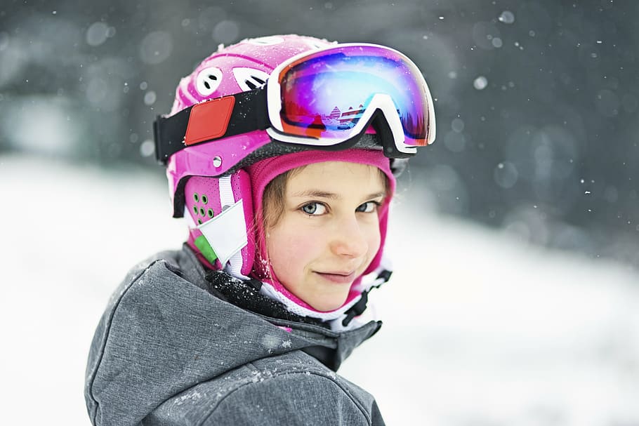 girl, wearing, pink, helmet, snow goggles, kids, the little girl, baby photo, skiing, headwear