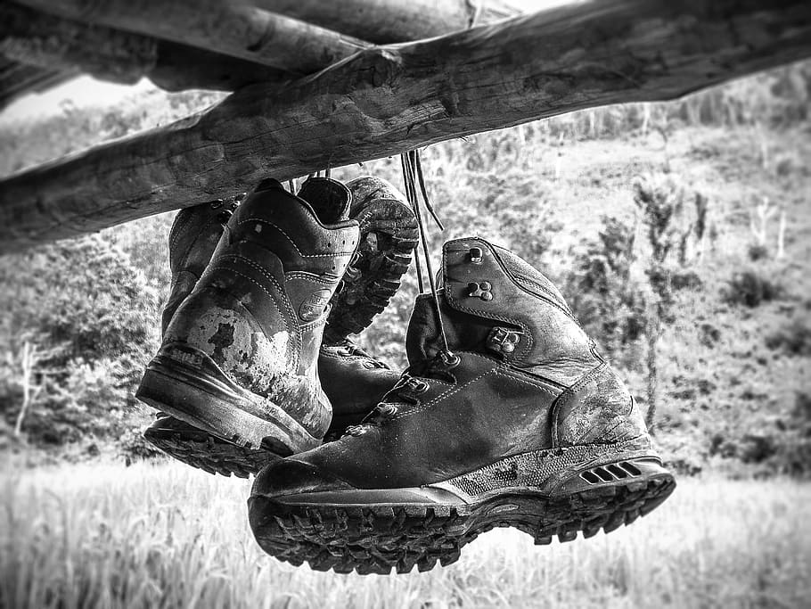 grayscale photo, hiking, boots, hanged, brown, bamboo, hiking shoes, shoes, adventure, travel
