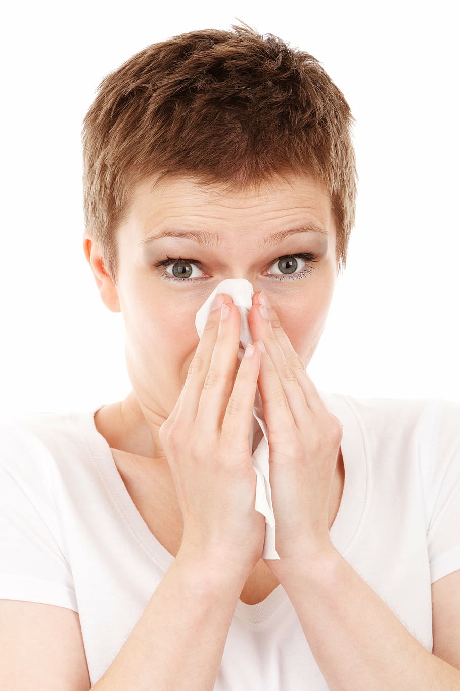 mulher, branco, camiseta com gola v, alergia, frio, doença, gripe, menina, lenço, doente