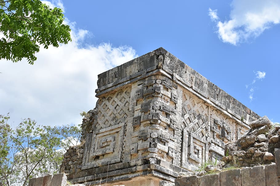 uxmal, mayan ruins, yucatan, mexico, architecture, sky, built structure, low angle view, building exterior, cloud - sky