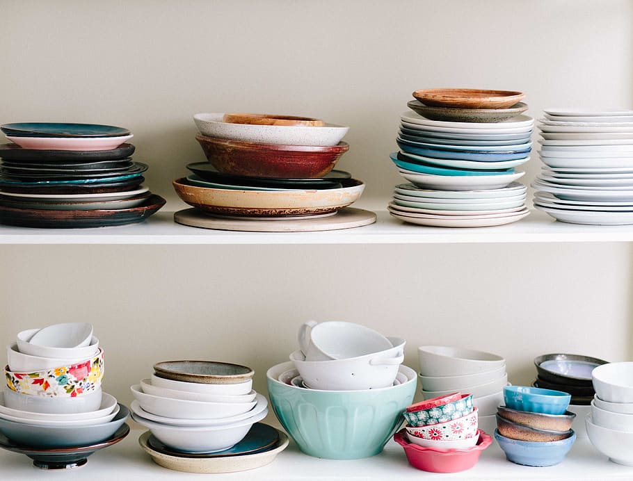 plates, utensils, cabinet, bowls, colorful, design, decoration, kitchen, stack, large group of objects