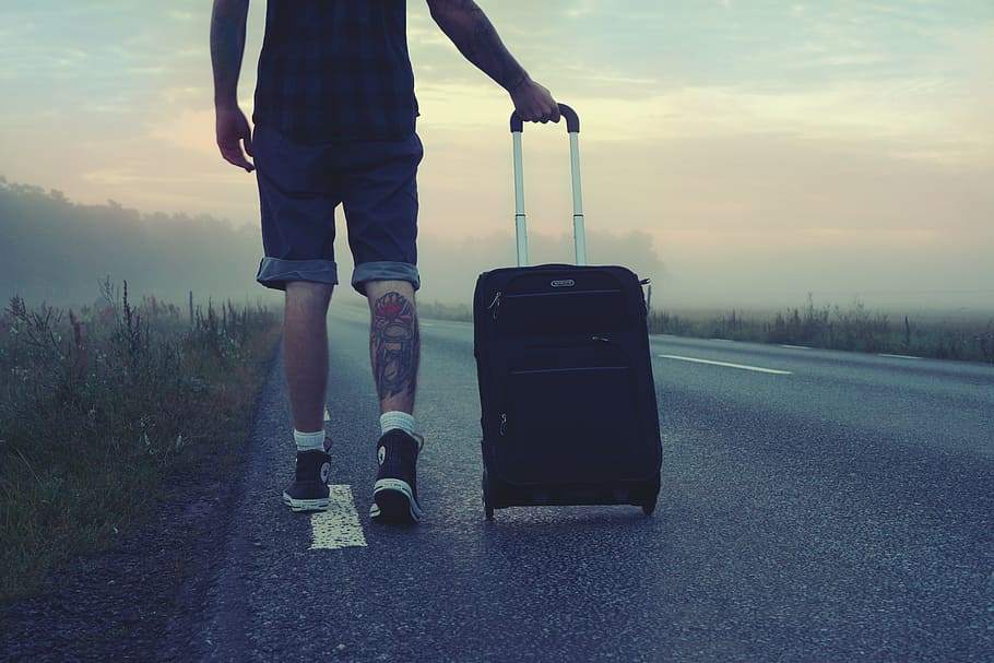 person, pulling, luggage, one, road, hiker, traveler, trip, travel ...