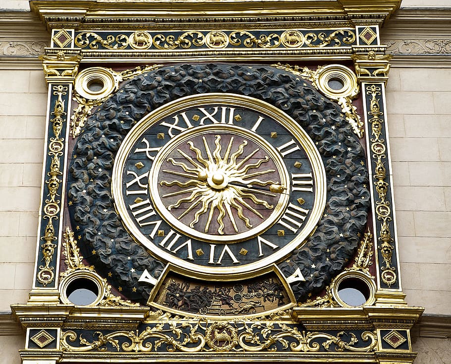 France, Normandy, Rouen, Dial, Clock, architecture, building exterior, ornate, built structure, history