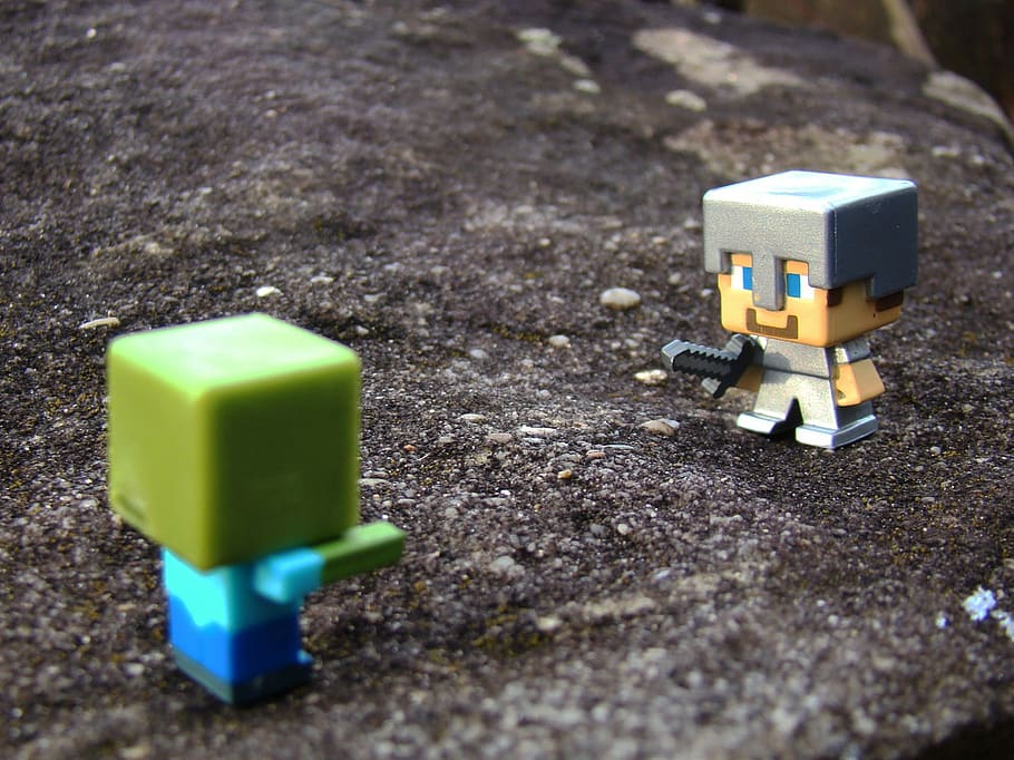 two, character minifigs, gray, surface, Minecraft, Zombie, Toys, Sword, steve, rock