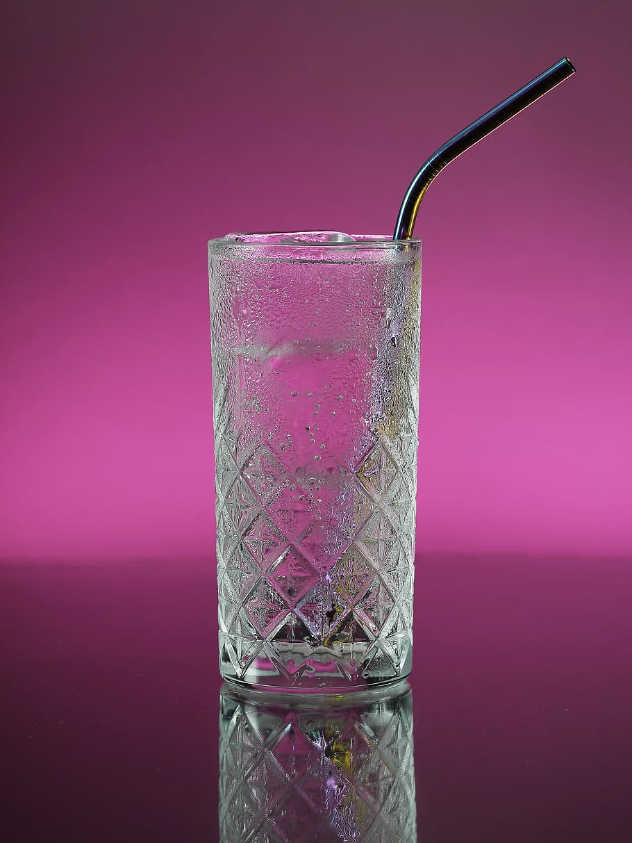 vidrio, pajita de metal, bebida, frío, refrescante, efervescente, hielo, sediento, refresco, carbonatado