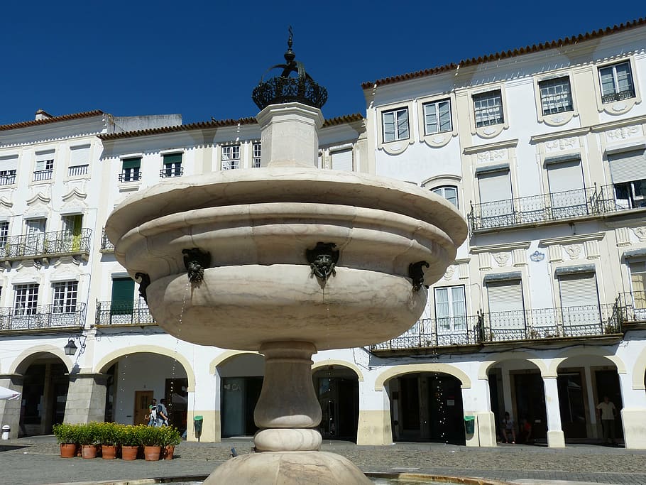 evora, portugal, old town, space, market, facade, fountain, arcade, arcades, arch