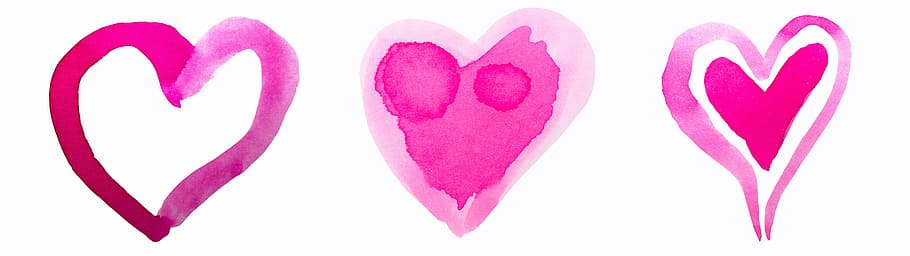 three, pink, heart illustrations, heart, watercolor, watercolour, red, valentine, valentine's day, double heart