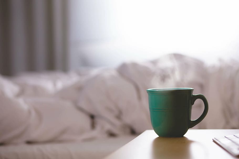 green, teacup, white, bed sheet, coffee, cup, mug, bedroom, morning, drink