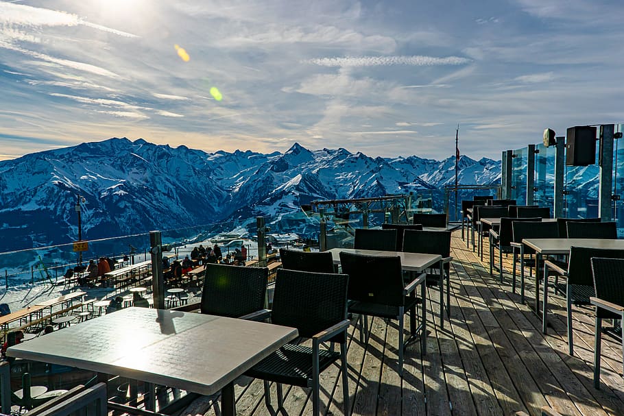 alps, restaurant, mountain, idyllic, terrace, hill, winter, landscape, sky, outdoors