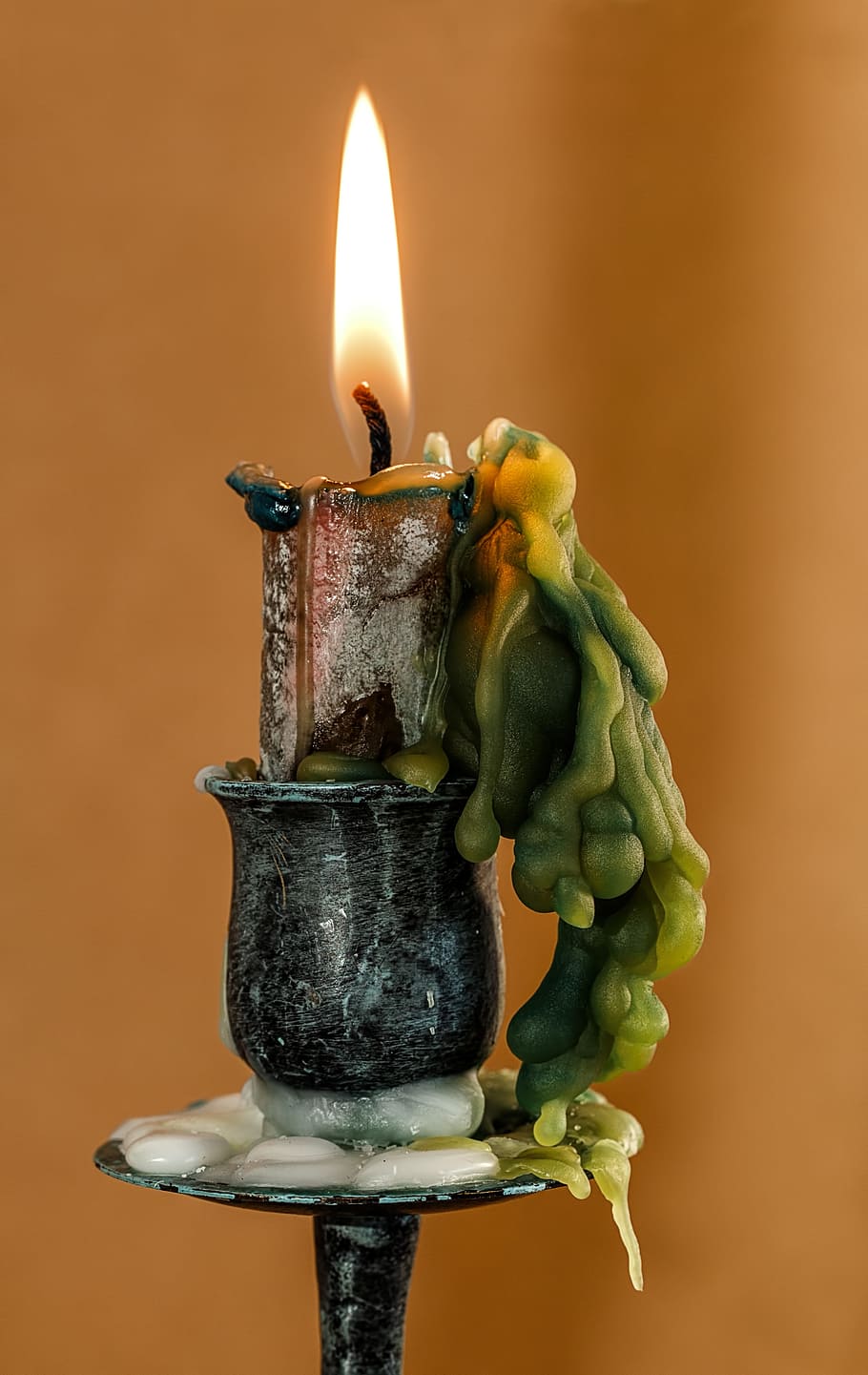 candle, metal, stand, candle wax, candlelight, candlestick, flame, wax, illuminated, fire