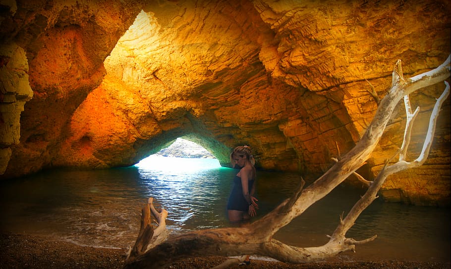 grotte, gargano, carmen, fiano, body of water, woman, soaking, calm, driftwood, rock