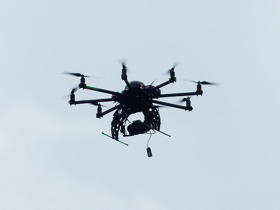 volando, drone, durante el día, Hexacopter, helicóptero, modelo, cámara, mosca, cielo, cuadricóptero