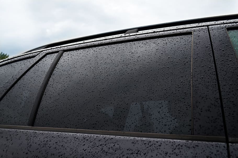 water droplets, vehicle window, car, tint, tinting, foil, film, garage, auto, window