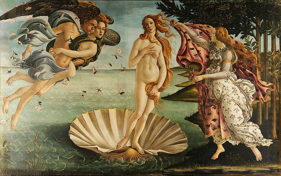 Birth of Venus, art, florence, goddess, italy, painting, public domain, venus, religion, angel