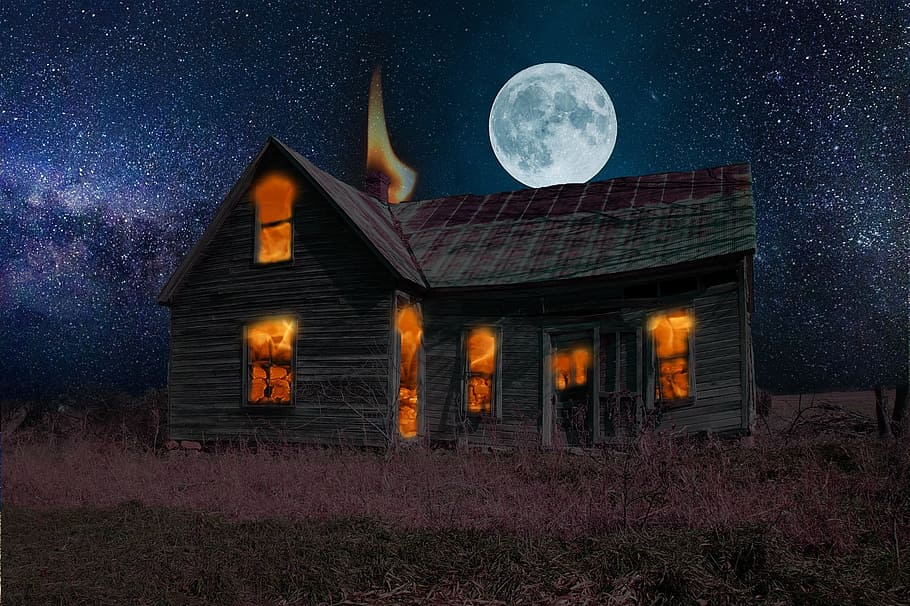 gray, brown, wooden, house, white, full, moon, night, arson, fire
