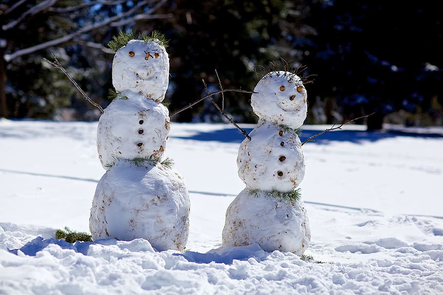 two, trees, Snowman, Winter, Snowmen, Holiday, Snow, season, cold, happy