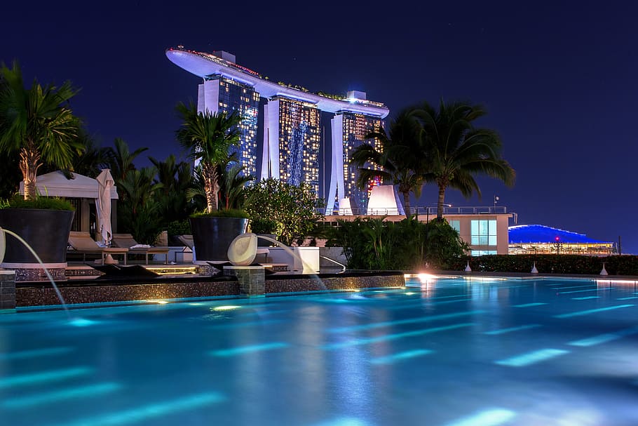 berenang, kolam renang, gedung tinggi, bangunan, malam hari, Marina bay sands, Singapura, malam, arsitektur, asia