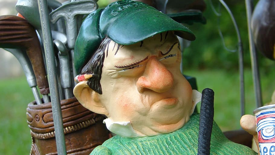closeup, foto, hijau, coklat, tas golf, golf, pegolf, tokoh, marah, frustrasi