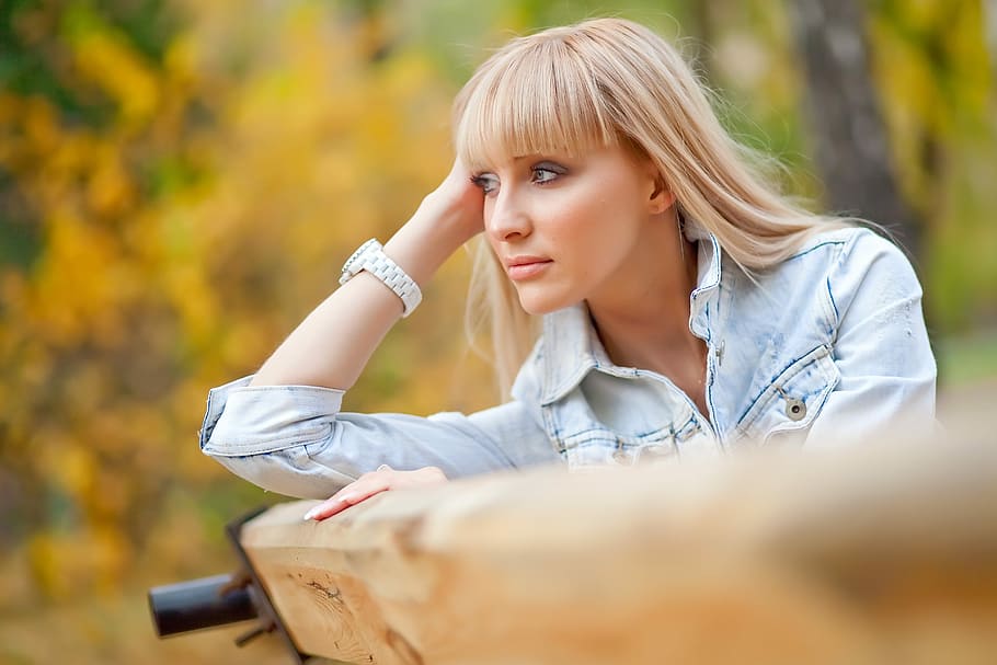 selective, focus photography, woman, wearing, blue, denim button-up jacket, lovely, nature, outdoors, autumn
