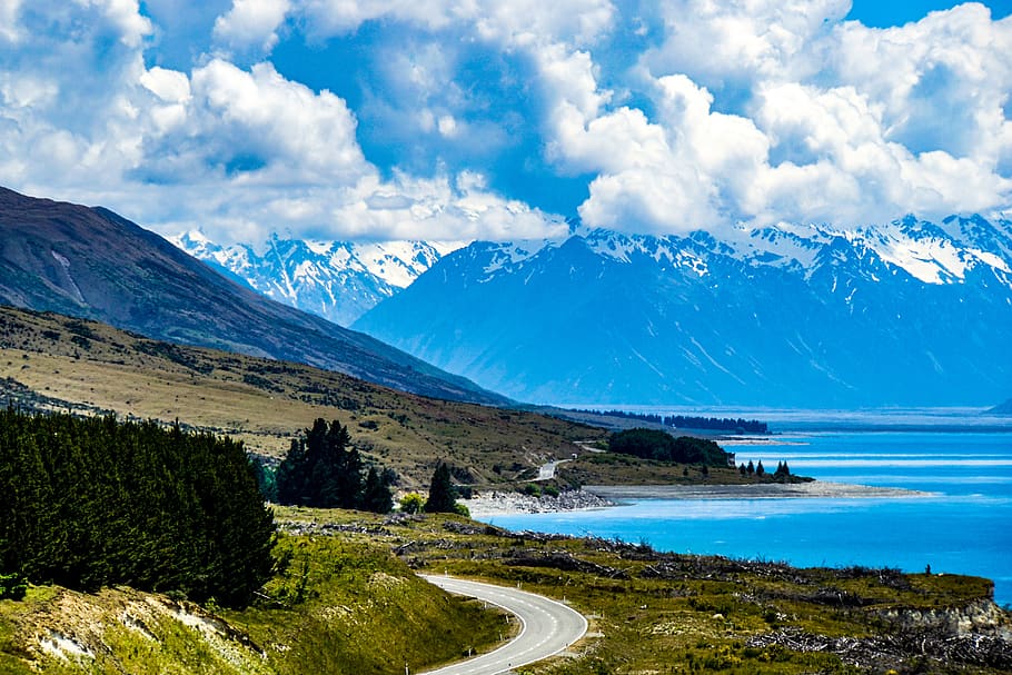 nova zelândia, sul, ilha, lago, água, leitoso, azul, estrada, montanha, neve