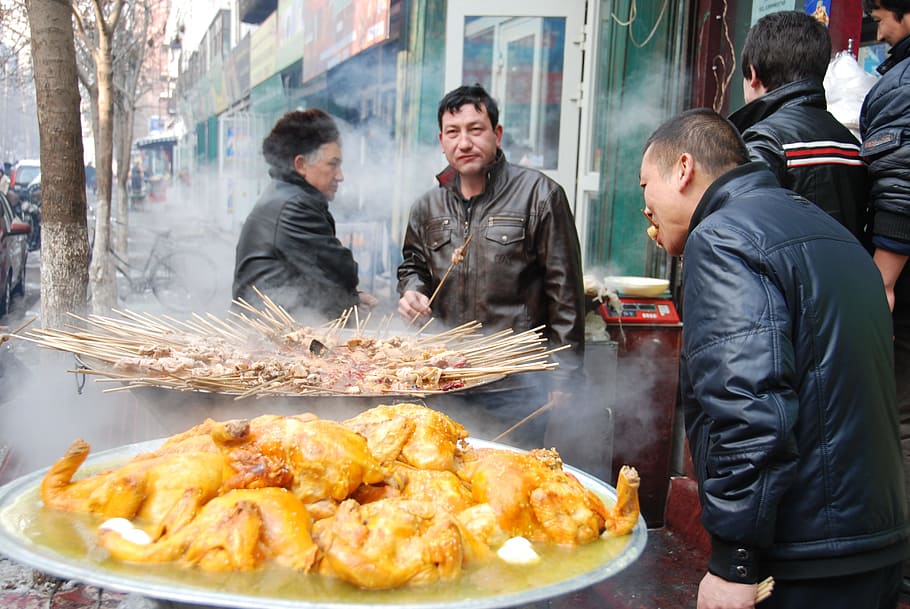 food, chicken, street, men, kabob, eat, china, food and drink, adult, market