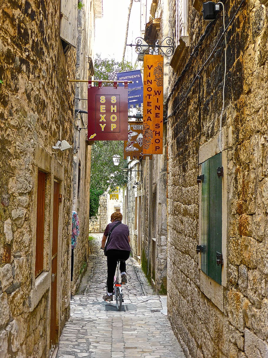 Backstreet, Alleyway, Mediterranean, narrow, traditional, stone, wall, architecture, city, one person