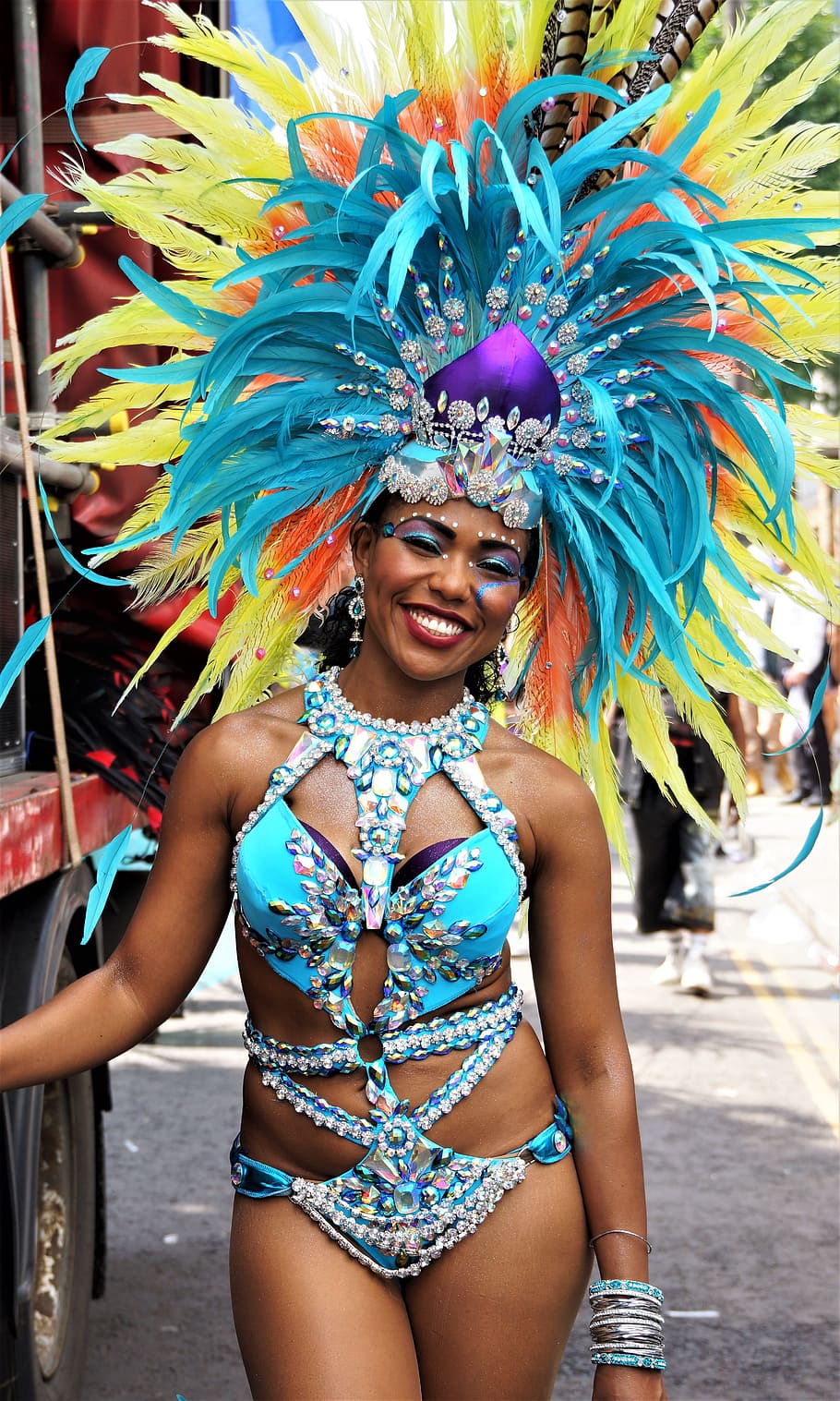 karnaval, tutup kepala, kostum, festival, notting hill, pemain, parade, dansa, london, multi-warna