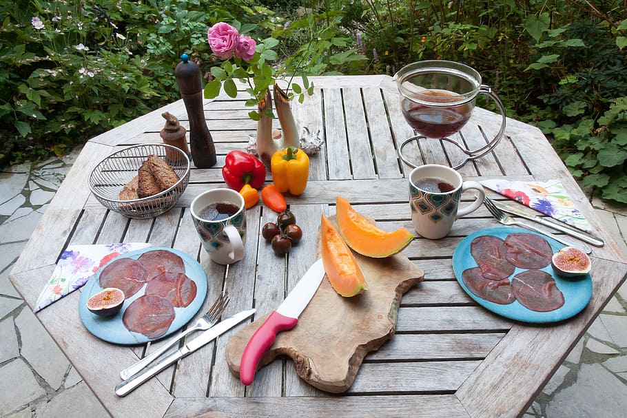 Mesa, Desayuno, Jardín, Gratis, en el verano, cubierta, tee, melón, tomate, pimentón