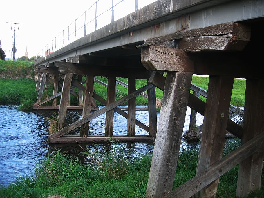bridge, wood, wooden bridge, frame, scaffold, pillar, rods, bach, water, construction