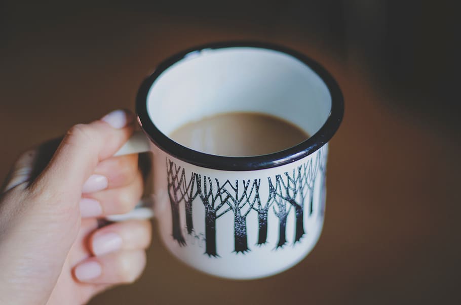 coffee, mug, cup, caffeine, people, hand, brown, design, a rt, woods