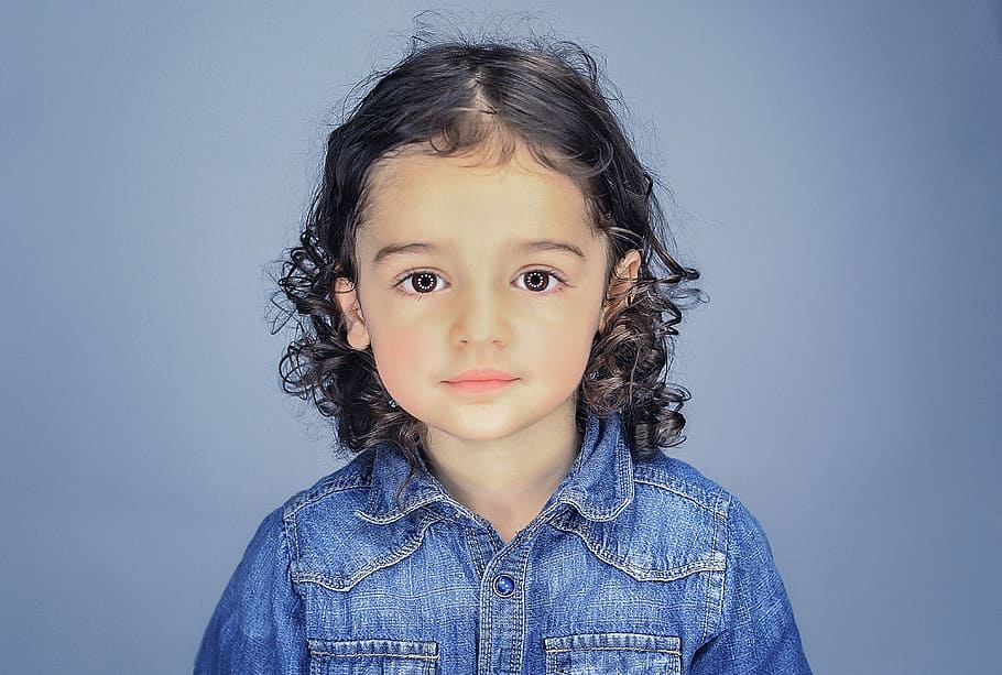 girl, wearing, blue, button-up denim jacket, child, portrait, curly hair, model, beauty, hairstyle