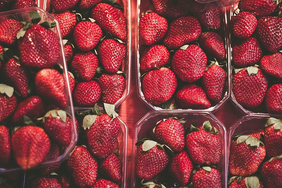 red strawberries, strawberries, lot, food, fruits, containers, stack, pile, red, fruit