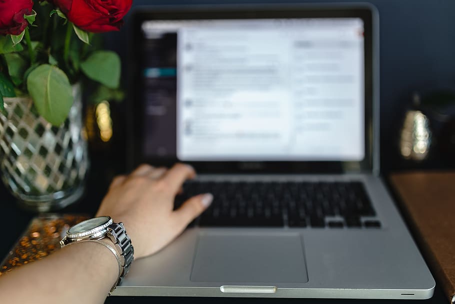 female, flowers, rose, workspace, workplace, computer, macbook, technology, red roses, work