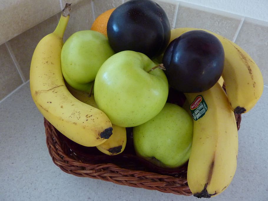 fruit, basket, apples, bananas, apple, food, yellow, green, bunch, banana
