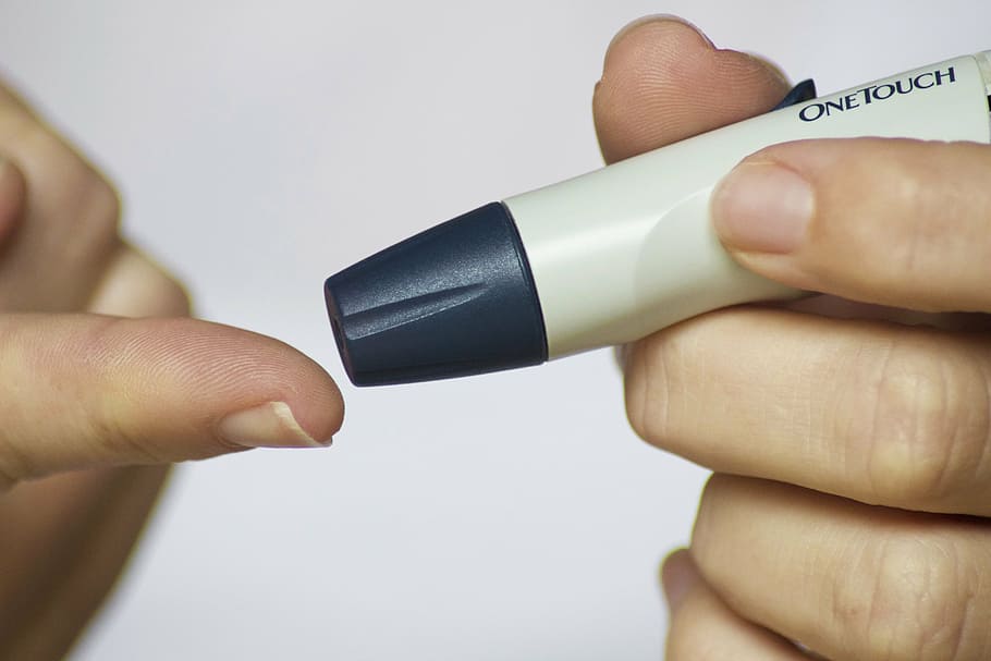 person, holding, blood pik device, diabetes, finger, glucose, test, medical, medicine, sugar