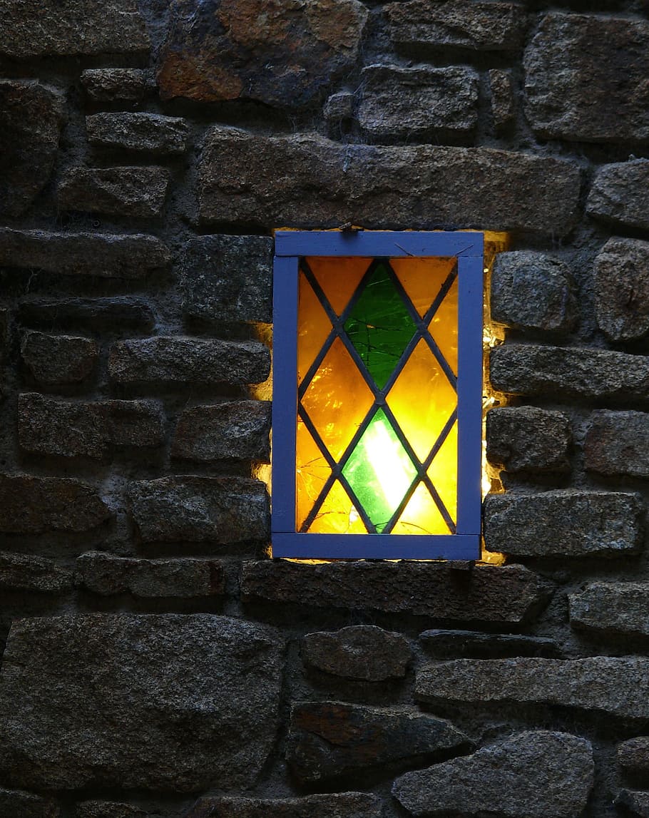 Lantern, Lighting, former, pierre, granite, night, stained glass windows, brittany, wall - building feature, brick wall