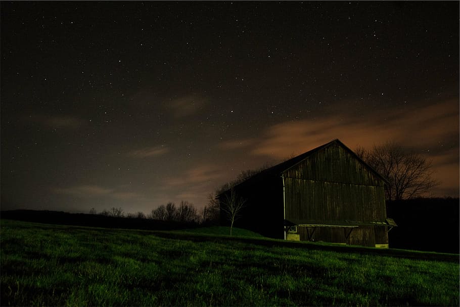 brown, wooden, barn, grass field, shed, sun, set, dark, night, sky