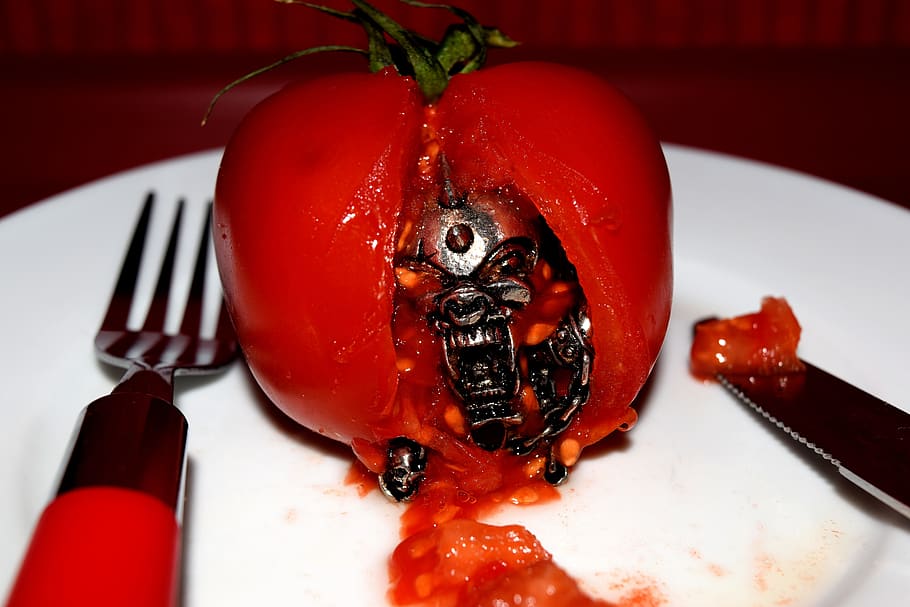 tomato, art, red, gm food, infected, organic, disease, food and drink, food, fork