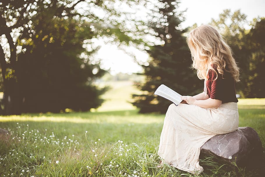 orang, gadis, sendirian, duduk, rock, membaca, buku, alkitab, alam, hijau