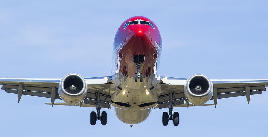 vermelho, cinza, avião, voo, aeronaves, boeing 737, norueguês, veículo aéreo, transporte, modo de transporte