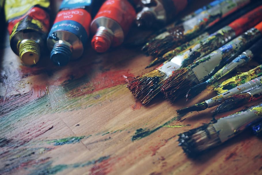 assorted-color paintbrush, paint, brown, wooden, parquet, art, art supplies, artist, blue, brush
