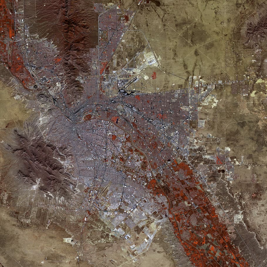 imagen de satélite de color falso, color falso, imagen de satélite, El Paso, Texas, ciudades, fotos, dominio público, Estados Unidos, fondos