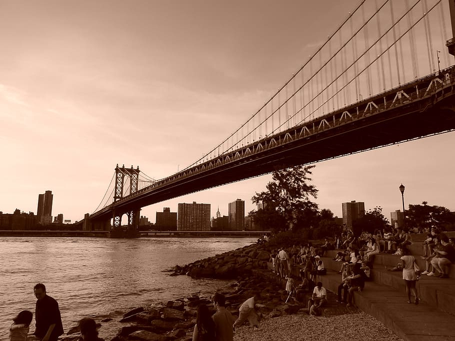 new york, ny, nyc, kota, jembatan, kaki langit, air, matahari terbenam, laut, pelabuhan