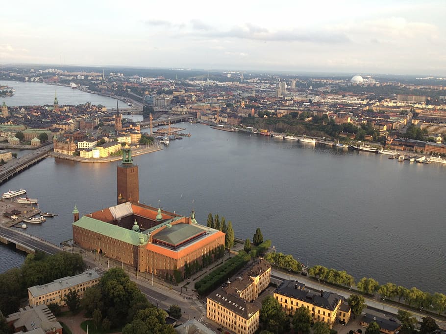 Estocolmo, Suecia, arriba, horizonte, cielo, vista, escandinavo, arquitectura, exterior del edificio, estructura construida