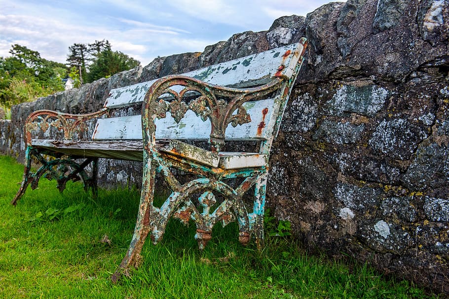 park bench, old, grass, rusty, white, stand still, sit, chair, wood, in the