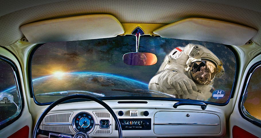 view, astronaut, earth, inside, vehicle, eclipse, space, vw, spaceman, happy