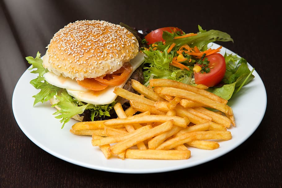 hamburger, fries, sliced, tomato, lettuce, filled, white, plate, food, burger